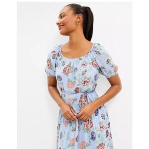 LOFT‎ Ann Taylor Floral Puff Sleeve Tiered Midi Dress Cottagecore Country Blue M